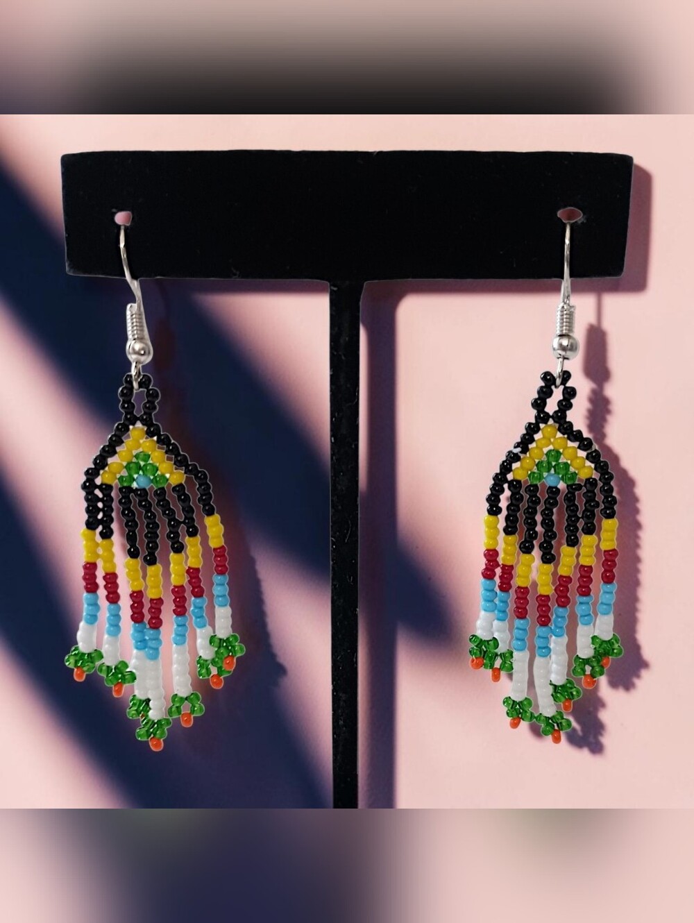 Native American Themed Seed Bead Earrings Fringe Dangle Boho Tribal Southwestern